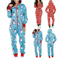 2021Hot New Womens Christmas Pajamas With Hood Santa Pattern Adult Cozy Jumpsuits Homewear Lady Zipper Overall Rompers Sleepwear