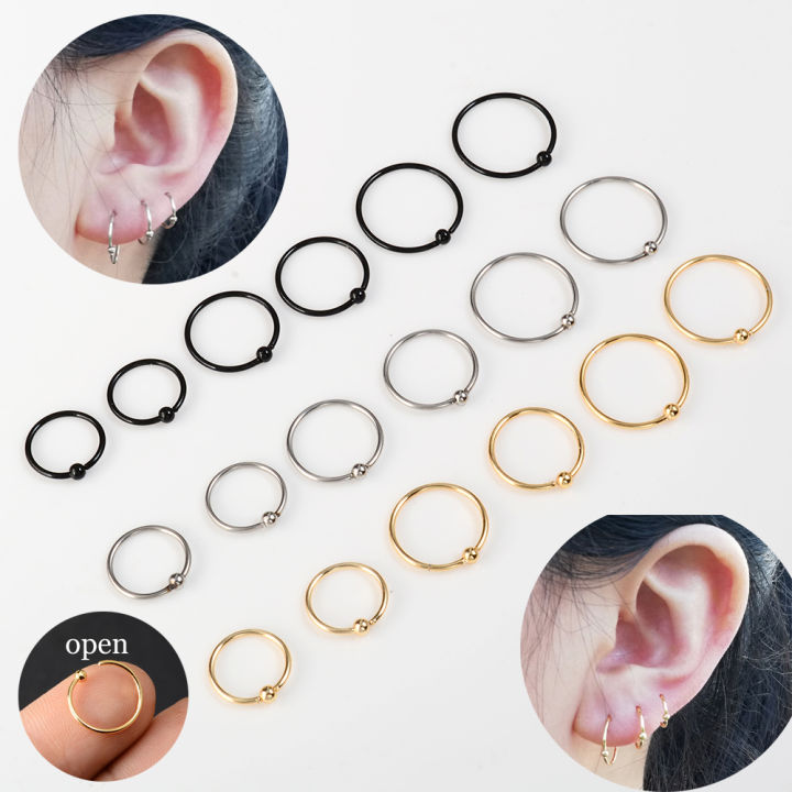 popular-6ชิ้น-1ล็อตต่างหูห่วงสีดำสแตนเลสวงกลมแหวนลูกปัดหลงใหลหูจมูกจมูกเกลียวเจาะกระดูกอ่อนผนังกั้น