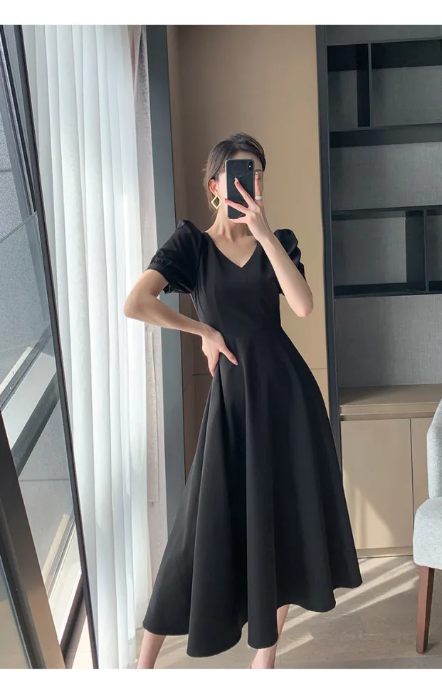 HolidayQueen French Black Dress Women's Summer New Solid Color V-neck Simple  Hepburn Style Temperament Retro A-line Long Skirt HQ1602 | Lazada Singapore