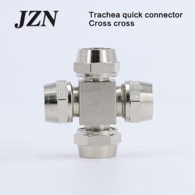 Free shipping ( 2 PCS ) Copper metal pneumatic fittings Pu pipe quick-twist joint cross cross 6/8/10/12mm nut lock mother Pipe Fittings Accessories
