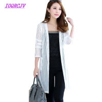 Lace shawl Coat Womens Summer Sun protection clothing Medium length Net yarn Chiffon stripe Long sleeve Coat Plus size 4XL B025