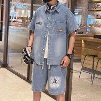 【hot seller】 denim short-sleeved mens casual suit trendy brand with a ruffian handsome floral