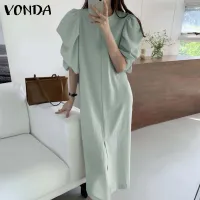VONDA Women Short Sleeve Holiday Plain Long Dresses Fashion Slit Pleated Party Dress (Korean Causal)
