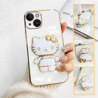 เคส iPhone 14 case Kitty ขาตั้งแบบพับได้แฟชั่นสีทึบหรูหราชุบโครเมียมนุ่ม TPU เคสโทรศัพท์สแควร์คลุมทั้งหมดเคสป้องกั