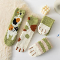 Cozy Winter Stockings Animal Paw Print Socks Cute Cat Paws Floor Socks Thick Warm Mid-thigh Socks Coral Fleece Stockings