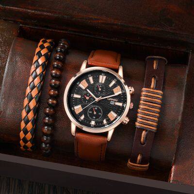 Men Fashion Bracelet Watch 2 Pcs  Business Style Set Quartz Birthday Gift