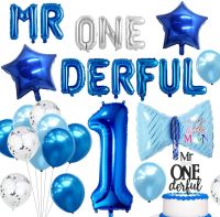 Mr Onederful 1st Birthday Decorations Blue for Boy Bow Tie Little Man Foil Balloons Cake Topper First Birthday Party Supplies