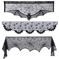 Lennie1 Halloween Table Runner Black Bat Spider Web Lace Tablecloth Fireplace Curtain for Party Decoration Horror House Props