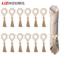 LIZHOUMIL ห่วงผ้าเช็ดปากลูกปัดไม้ธรรมชาติพร้อมพู่ปลอกใส่ผ้าเช็ดปาก12ชิ้นสำหรับตกแต่งโต๊ะที่บ้านแต่งงานบ้านไร่คริสต์มาส