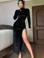 【YF】 2022 Autumn Winter Women Solid Velvet Long Sleeve Ruched Midi Dress Side Slit Bodycon Sexy Streetwear Party Elegant Club