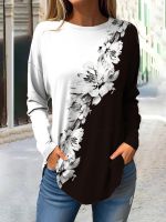 Autumn Womens Sweater O Neck Flower Print T Shirts for Women Leisure Long Sleeve T-Shirt Streetwear Pullover Imitation Cotton