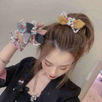 New Hair Accessories Candy-Colored Bow Tie Hair Ring Imitation Pearl Diamond Plate Hair Rubber Band Headdress