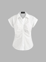 Cider Ruched Collar Short Sleeve Blouse