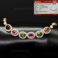 สร้อยข้อมือพลอยทัวร์มาลีน(Tourmaline) หลากสี ล้อมเพชร CZ เกรด A ตัวเรือนเงินแท้ 92.5% ชุบพิ้งโกล์ ความยาว 19 นิ้ว พลอยแท้จากประเทศไนจีเรีย