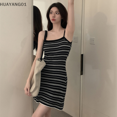 HUAYANG01 [2023 new HOT FASHION] lazlook VINTAGE striped Slim Mini Dress ผู้หญิง2023ฤดูร้อน High Street SEXY backless Casual ถักชุด