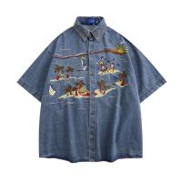 LASGO Tide brand retro fun cartoon heavy industry embroidery coconut tree sea wave denim short-sleeved shirt beach wind couple shirt