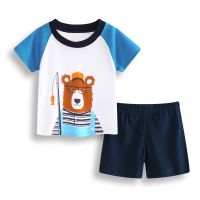 [COD] Childrens European and summer boys homewear bear short-sleeved top two-piece childrens ins