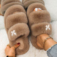 Faux Fur Slides For Women Double Band Fluffy Slippers Ladies Flip Flops Platform Sandals Winter Furry Slippers Female Shoes 2021