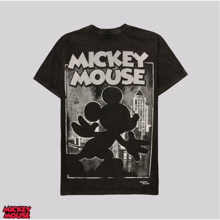 เสื้อยืดผ้าฝ้ายเสื้อยืดมิคกี้เม้าส์-mickey-mouse-t-shirts-การ์ตูนลิขสิทธิ์แท้-mkh112-สีดำผ้าฟอก-supercomics