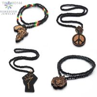 ✹✇✜ SOMESOOR Africa Map Wood Beads String Necklace Afro Lion Peace Symbol Power Fist Pendant Hip Hop Jewelry For Men Women Gifts