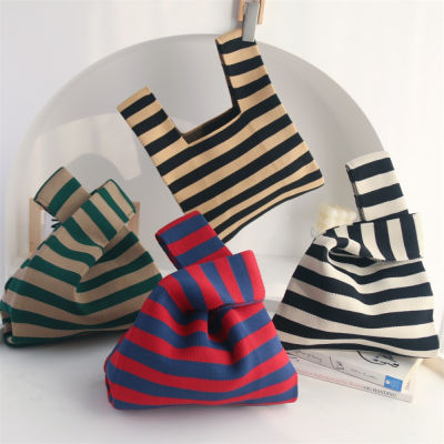 Hand-knitted Baking Bag Handbag Stripes Knitted Tote Bag Striped Tote Bag Woven Handbag Original Design