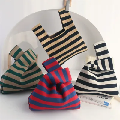 Stripes Knitted Tote Bag Handbag Shoulder Bag Hand-knitted Shoulder Bag Original Design Striped Tote Bag