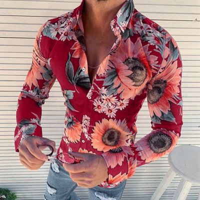 เสื้อฮาวายเข้ารูปพิมพ์ลาย3D แฟชั่นดอกกุหลาบเสื้อเชิ้ตลำลองแขนยาวสำหรับผู้ชายเสื้อเชิ้ตลายดอก