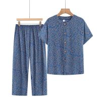 Middle-aged and old cardigan grandma summer two-piece man loose suit coat short sleeve shirts