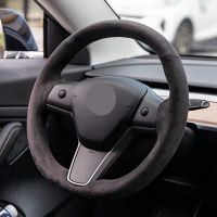 Non-slip Black Genuine Leather Sued DIY Hand-Stitched Car Steering Wheel Cover For Tesla model 3 2017-2021