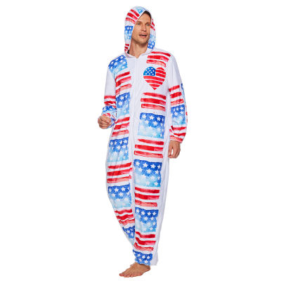 เครื่องแต่งกายธงชาติอเมริกันสำหรับผู้ใหญ่ ชุดนอนผ้ากำมะหยี่ Men USA Patriotic Party