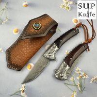 Supknife มีดเหล็กดามัสกัสพร้อมซองหนังวัวแท้ มีดป้องกันตัวขนาดเล็ก มีดพับพกพา มีดกลางแจ้ง ด้ามจับไม้แท้ แกนกลางใบมีด VG10