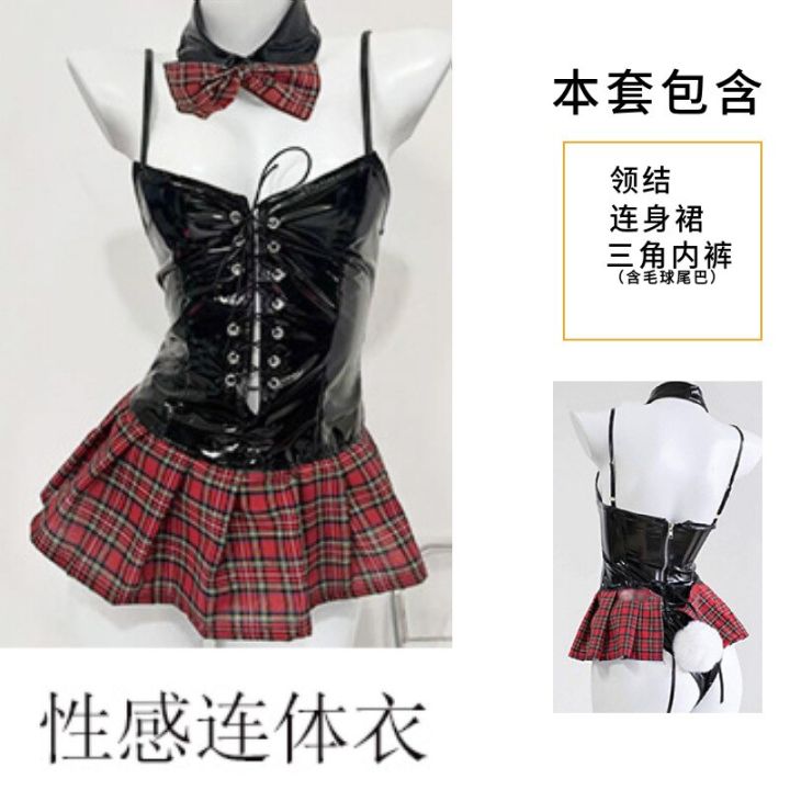 sexy-lingerie-cosplay-bunny-girl-porno-teddy-temptation-plaid-patent-leather-rabbit-costume-babydoll-erotic-student-jk-uniform