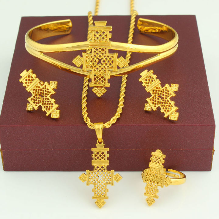 ชุดเครื่องประดับเอธิโอเปียร้อน24k-gold-color-coptic-crosses-ชุดเคนยาไนจีเรียซูดานเอริเทรียhabasha-เครื่องประดับจัดงานแต่งงาน