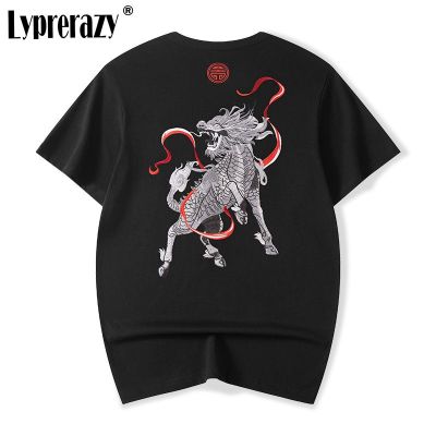 Lyprerazy Chinese Style Kirin Embroidery Short-sleeved T-shirt Summer Tide Brand Cotton Mens Tees