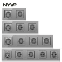 NYWP EU 3 frame power plug, 16a grounding power socket, with USB output, 258mm*86mm tempered crystal glass panel gray