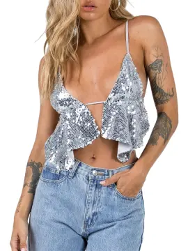 Sequin Tank Top Sparkling Backless Shiny Glitter V Neck Crop Cami