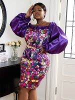 【jw】❡  Printed for Big Sleeve Shoulder Ruffled Multi-coloured Bodycon Short Dinner Prom Gowns