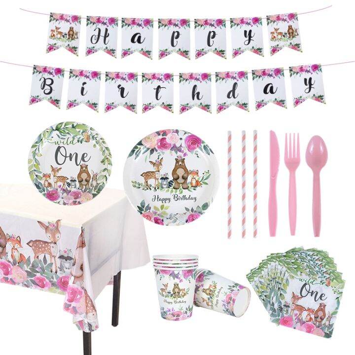 high-end-cups-woodlanddisposable-tableware-set-แผ่นกระดาษ-cupszoo-foxdeer-baby-shower-birthday-party-decoration