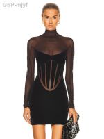 Verão Moda Feminina เซ็กซี่ Gola แมนกาลองกา Malha Preto Mini Bodycon Bandage Vestido 2023 Elegante Noite Clube De Festa