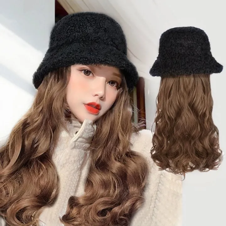 Lamb velvet fisherman's hat wig one girl long curly hair big wave net ...