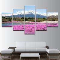 Mount Fuji Snow Mountain ภาพวาดผ้าใบ-5ชิ้น Home Wall Art Decor รูปภาพ-ดอกไม้สีชมพูที่สวยงามภาพวาด Framework-เหมาะสำหรับตกแต่งห้องนั่งเล่น