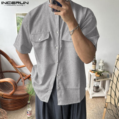 เสื้อคลุมลำลองผู้ชายแขนสั้น INCERUN เสื้อคอกลมเสื้อสตรีมินิมอลที่มีกลิ่นหอม (สไตล์เกาหลี)