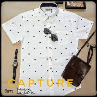 Capture Shirt เสื้อเชิ้ตผู้ชาย คอปก แขนสั้น oxford ลายแมว สีขาว มีถึงอก 48 นิ้ว