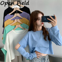 Field Women Long Sleeves T-Shirt Trendy Loose Creative Hollow-Out Crop Top Solid Color Round Neck Pullover Blouse