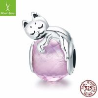 [COD] Viloco 925 silver beads European and pink crystal cat animal wild beaded accessories SCC447