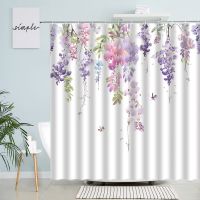 Purple Flowers Shower Curtain Pink Watercolor Floral Butterfly Simple Nordic Bathroom Decor Waterproof Cloth Curtains With Hooks