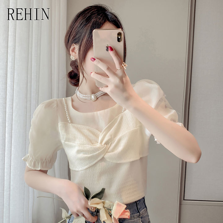 rehin-เสื้อเชิ้ตแขนสั้นคอกลมของผู้หญิง-เสื้อเบลาส์แขนพองงานเย็บติดกันใหม่ฤดูร้อน