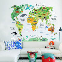 การ์ตูน Animal World Map สติ๊กเกอร์ติดผนังสำหรับห้องเด็กห้องนอนเด็กพื้นหลัง Wall Decor ที่ถอดออกได้ Self-Adhesive Wall Decals