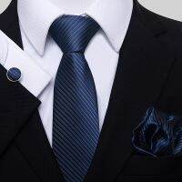 Solid Blue Tie For Men Jacquard Holiday Present Tie Handkerchief Cufflink Set Necktie Suit Accessories Fit Workplace Ties