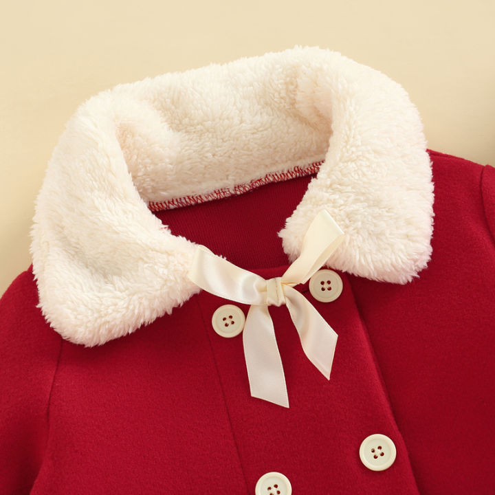 ชุดฤดูหนาวเด็กสีคมชัดปลอกคอขนสัตว์แขนยาวมีปุ่มชุดเดรสผ้าขนสัตว์-หมวกสำหรับผู้หญิง-สีแดง-3-7ปี